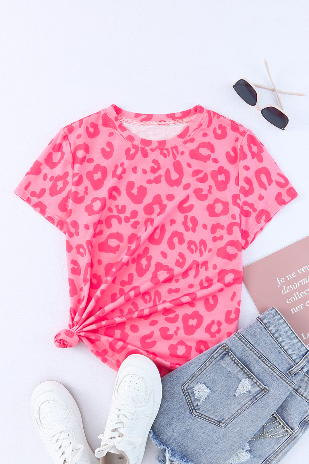 Pink Leopard Print Ankle-length High Waist Skinny Pants