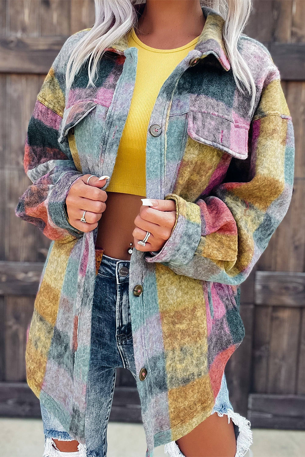 Multicolor Brushed Plaid Buttoned Pullover Oversized Hoodie