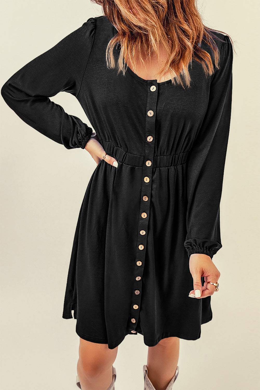 Fiery Red Button Up High Waist Long Sleeve Dress