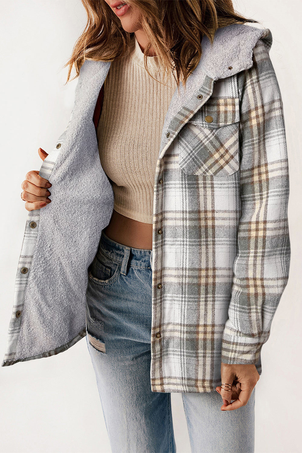 Orange Plaid Pattern Sherpa Lined Hooded Shacket