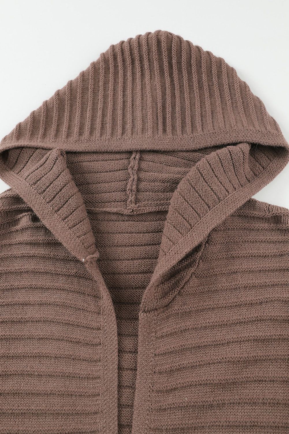 Black Horizontal Rib Knitted Open Front Hooded Cardigan