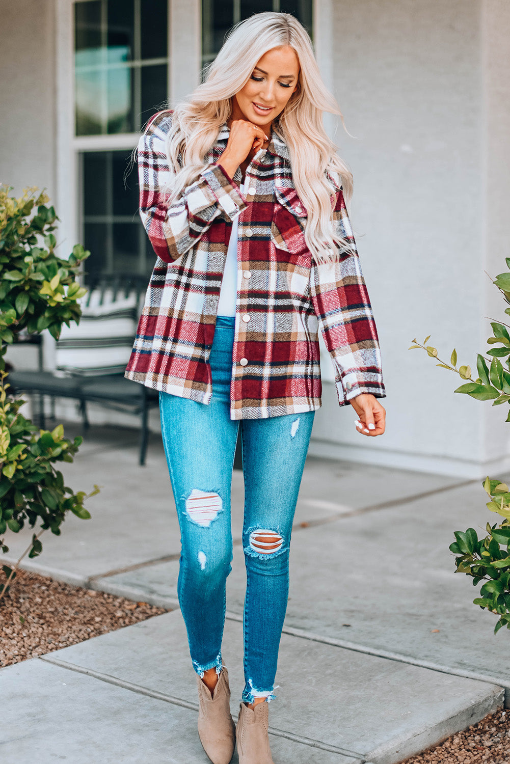 Navy Blue Plus Size Plaid Flap Pocket Shacket
