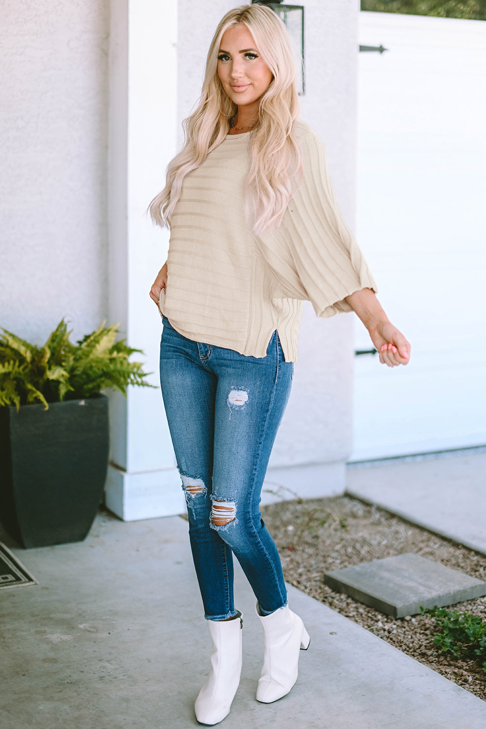 Black Exposed Seam Ribbed Knit Dolman Top