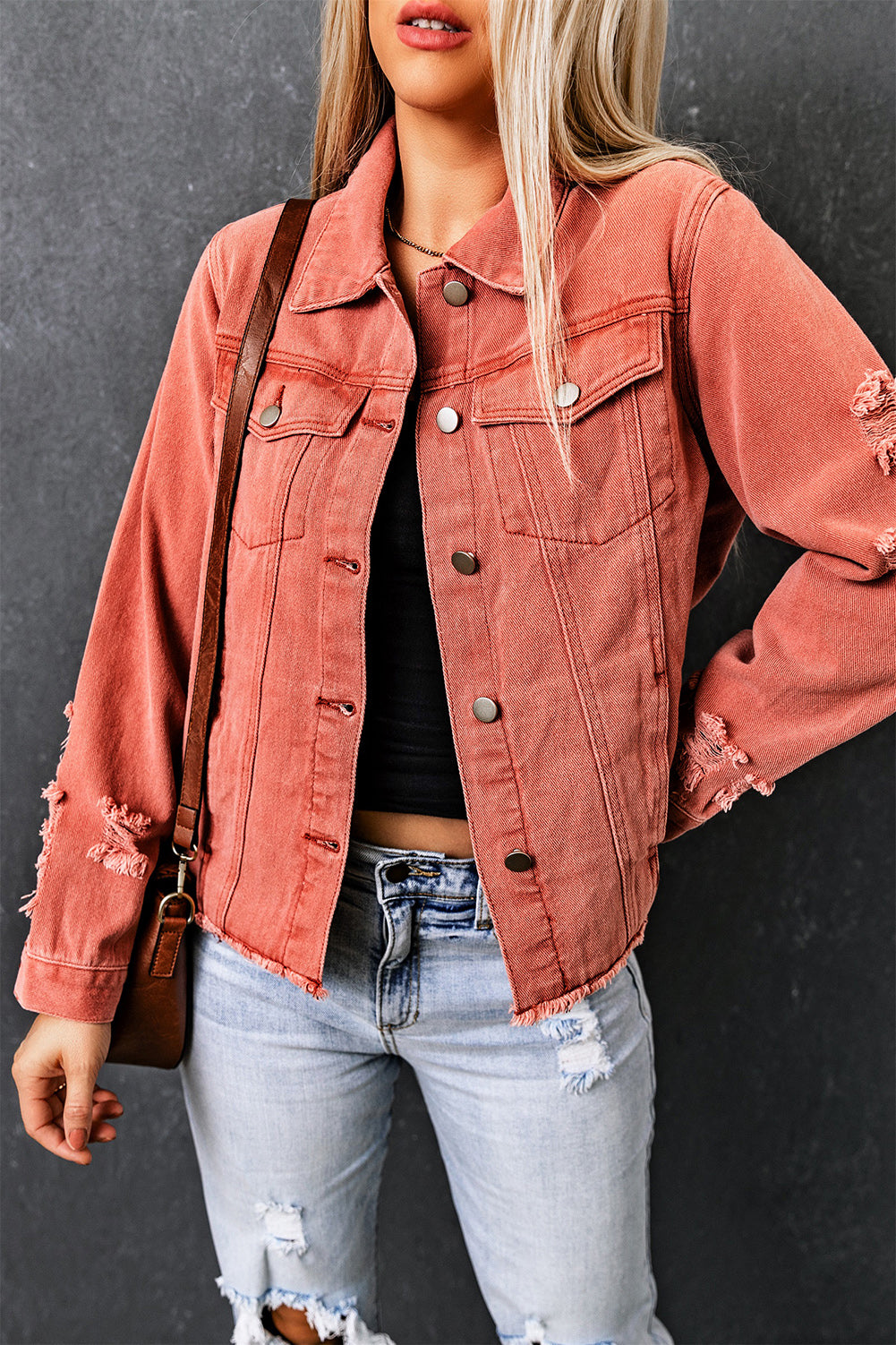 Dark Blue Plus Size Distressed Flap Pocket Denim Jacket