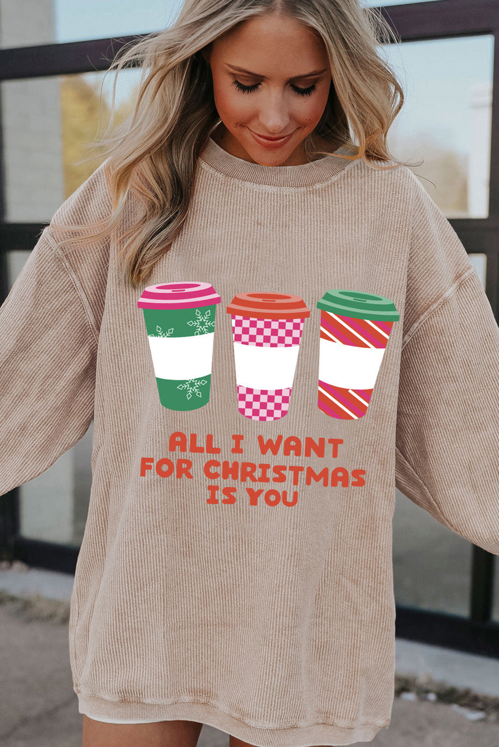 Strawberry Pink IN MY MERRY ERA Loose Fit Corded Sweatshirt