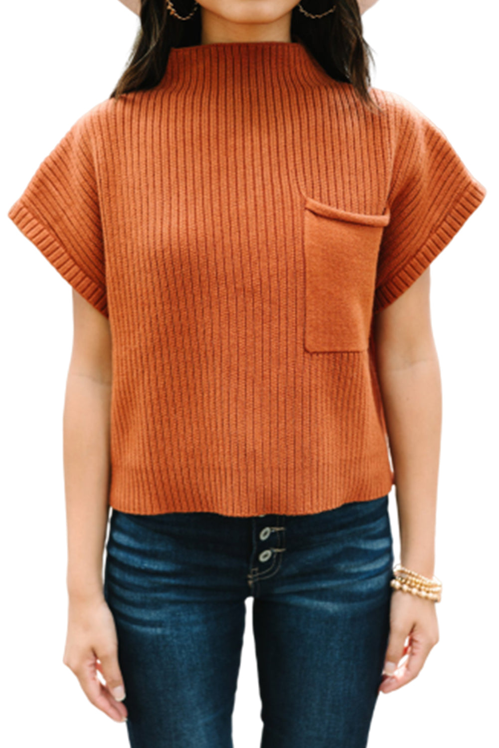 Blackish Green Patch Pocket Ribbed Knit Short Sleeve Sweater