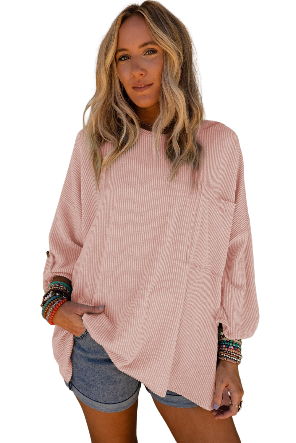 Gray Ribbed Roll-tab Sleeve Chest Pocket Oversize Top