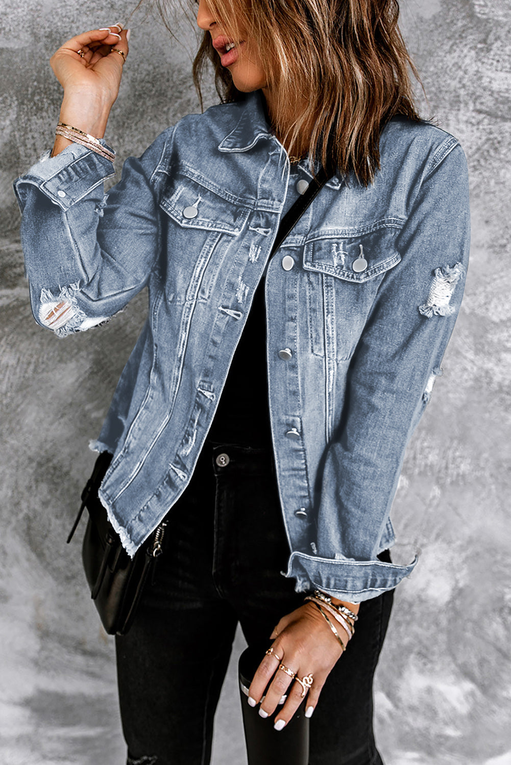 Dark Blue Plus Size Distressed Flap Pocket Denim Jacket