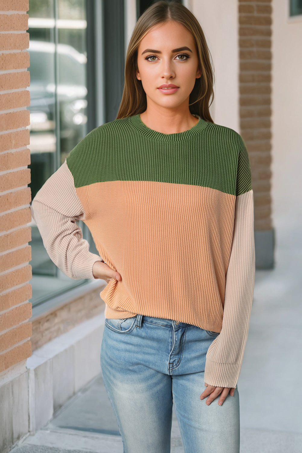 Mineral Red Plus Size Ribbed Colorblock Long Sleeve Top