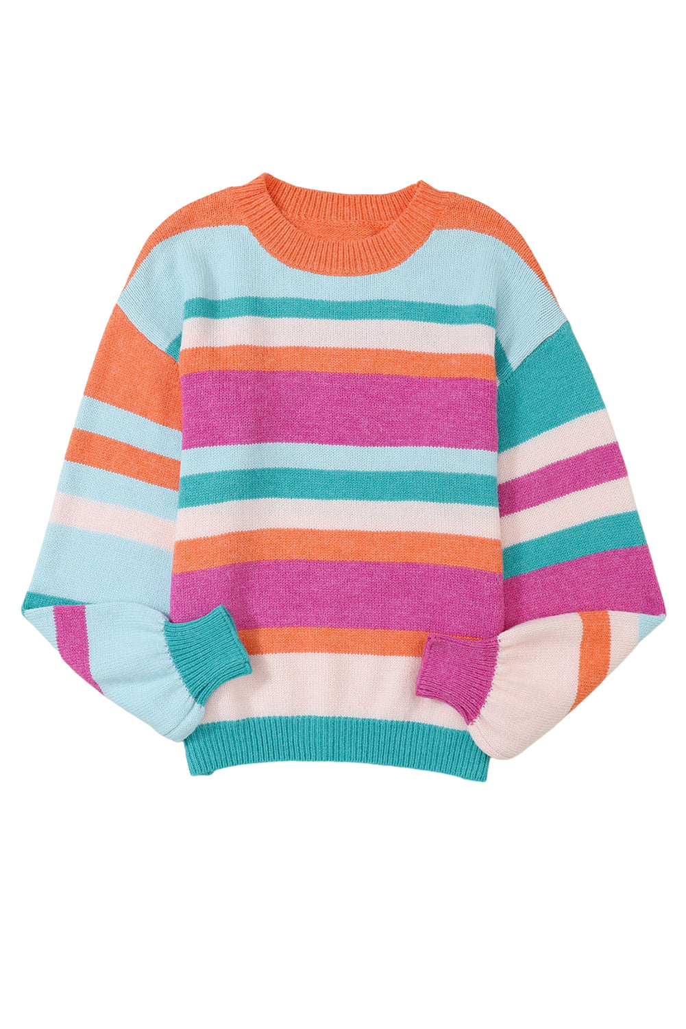 Multicolour Striped Knit Drop Shoulder Puff Sleeve Sweater