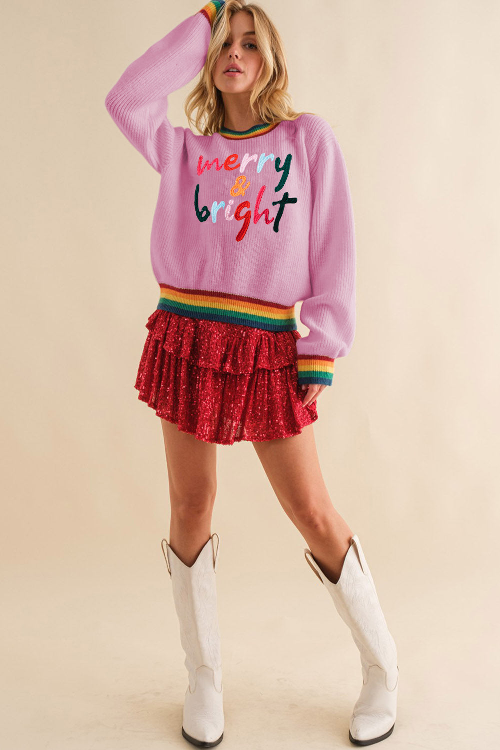 White Merry & Bright Colorful Stripes Trim Sweater
