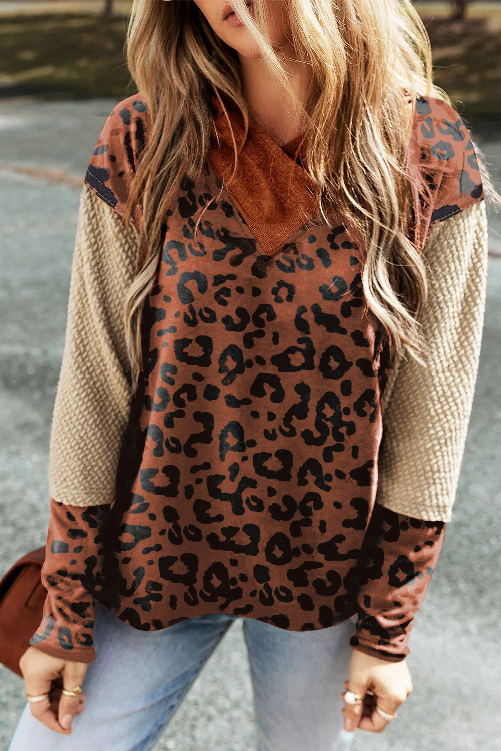 Chestnut Contrast Sleeves Patchwork Colorblock Hoodie