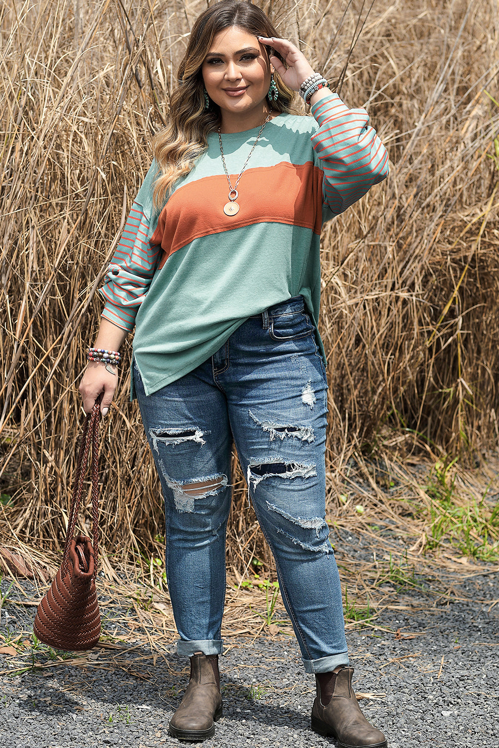 Peach Blossom Colorblock Striped Bishop Sleeve Top