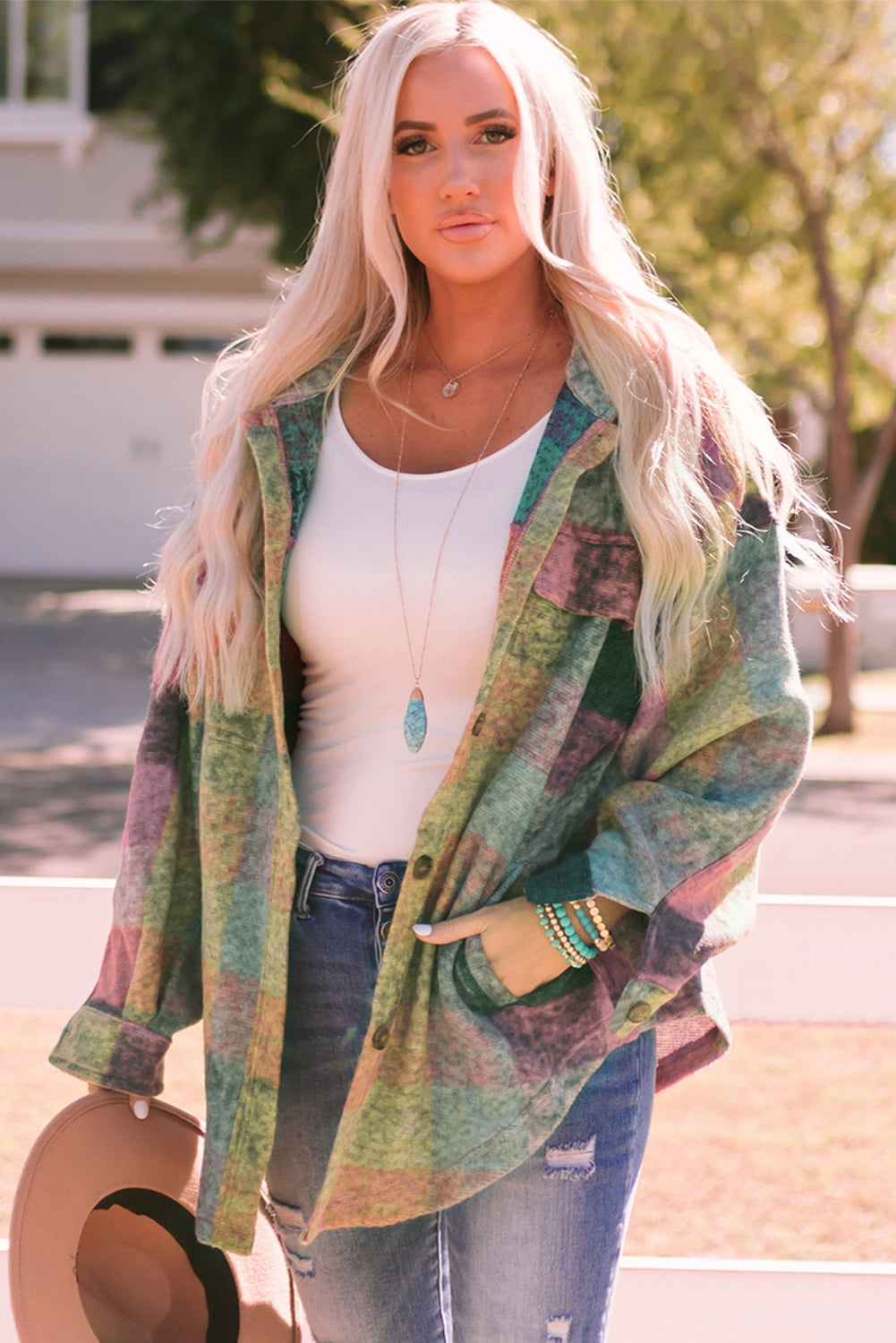 Multicolor Brushed Plaid Buttoned Pullover Oversized Hoodie
