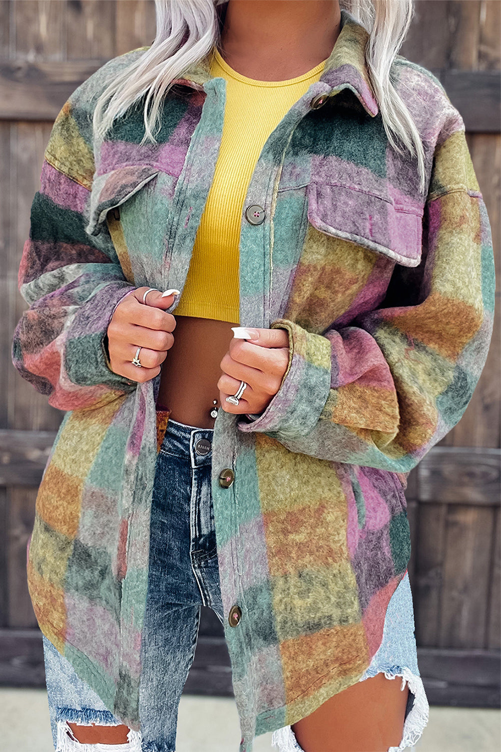 Multicolor Brushed Plaid Buttoned Pullover Oversized Hoodie