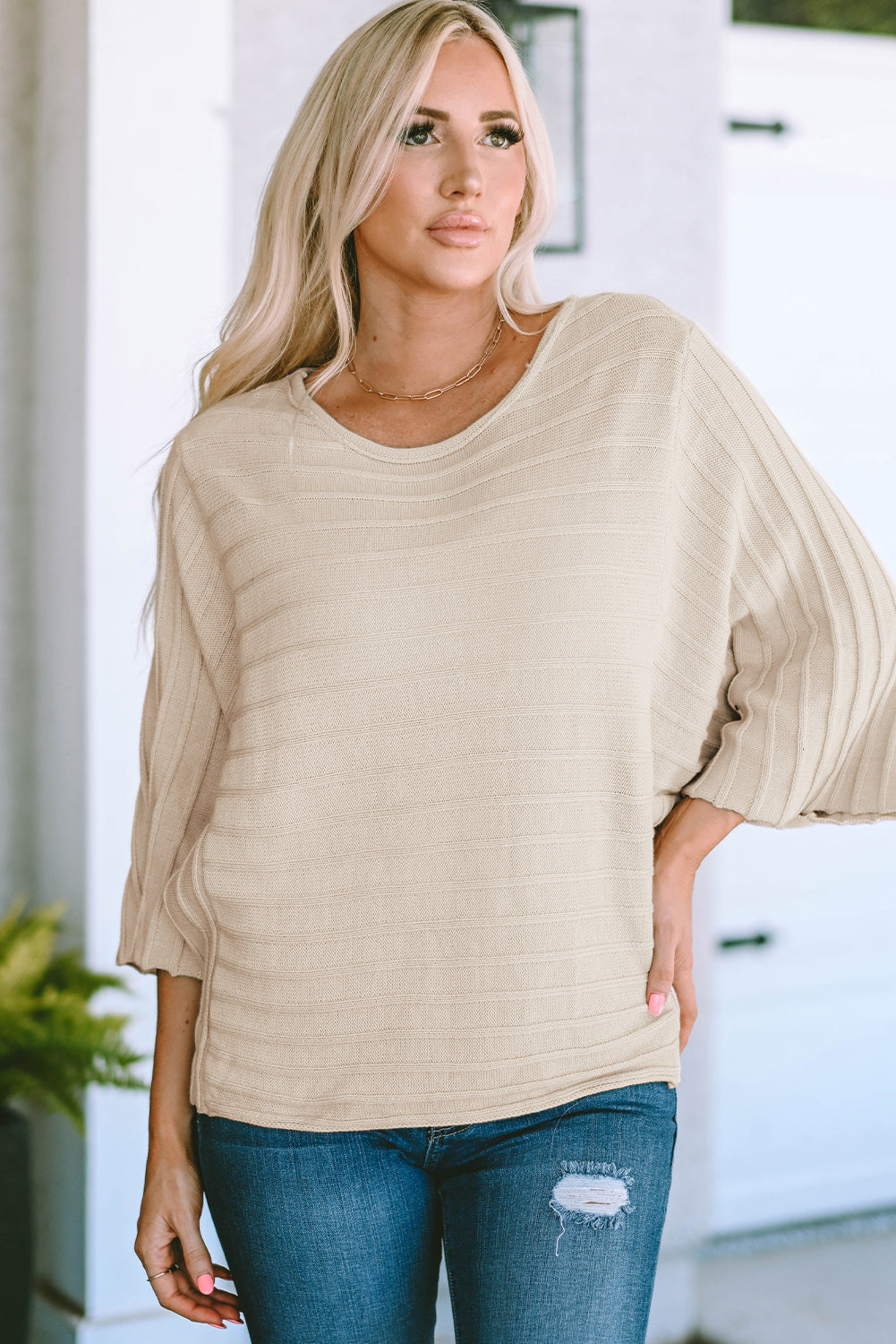 Black Exposed Seam Ribbed Knit Dolman Top
