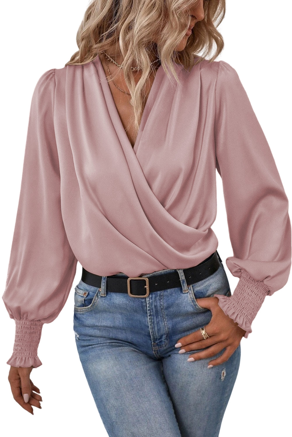 Khaki Solid Surplice Neck Shirred Cuffs Draped Blouse