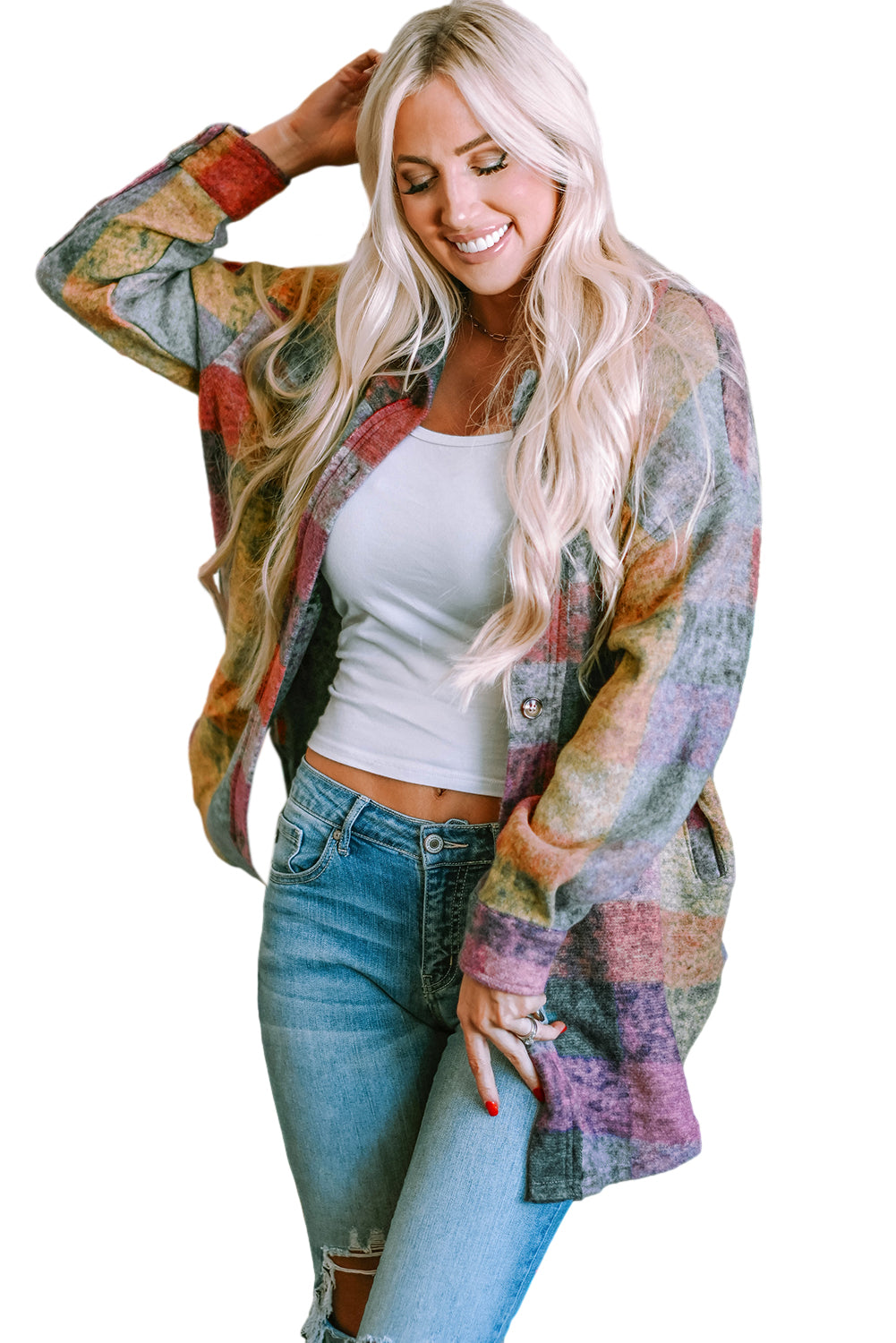Multicolor Brushed Plaid Buttoned Pullover Oversized Hoodie