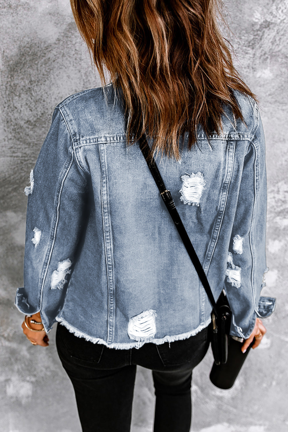 Dark Blue Plus Size Distressed Flap Pocket Denim Jacket