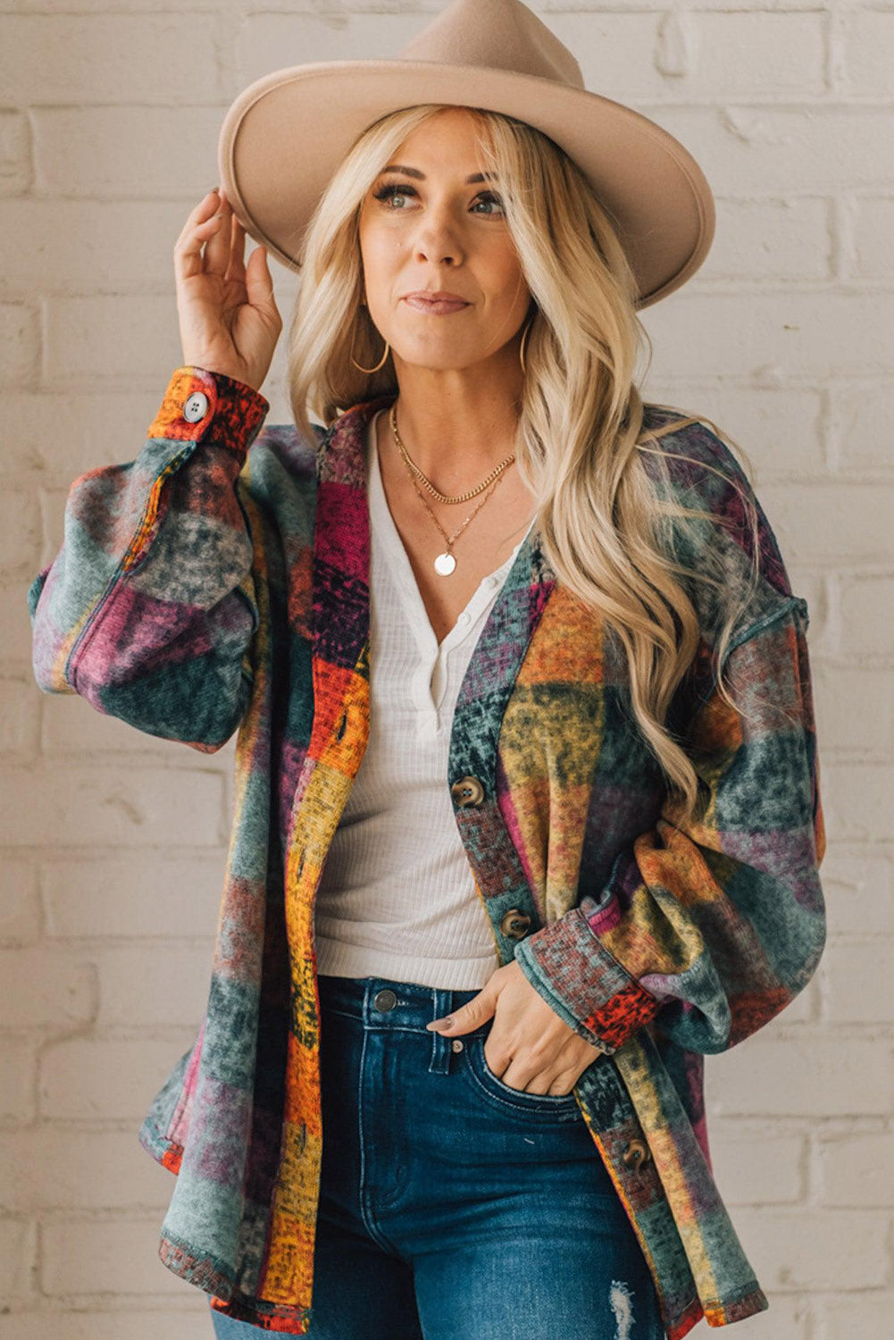 Multicolor Brushed Plaid Buttoned Pullover Oversized Hoodie