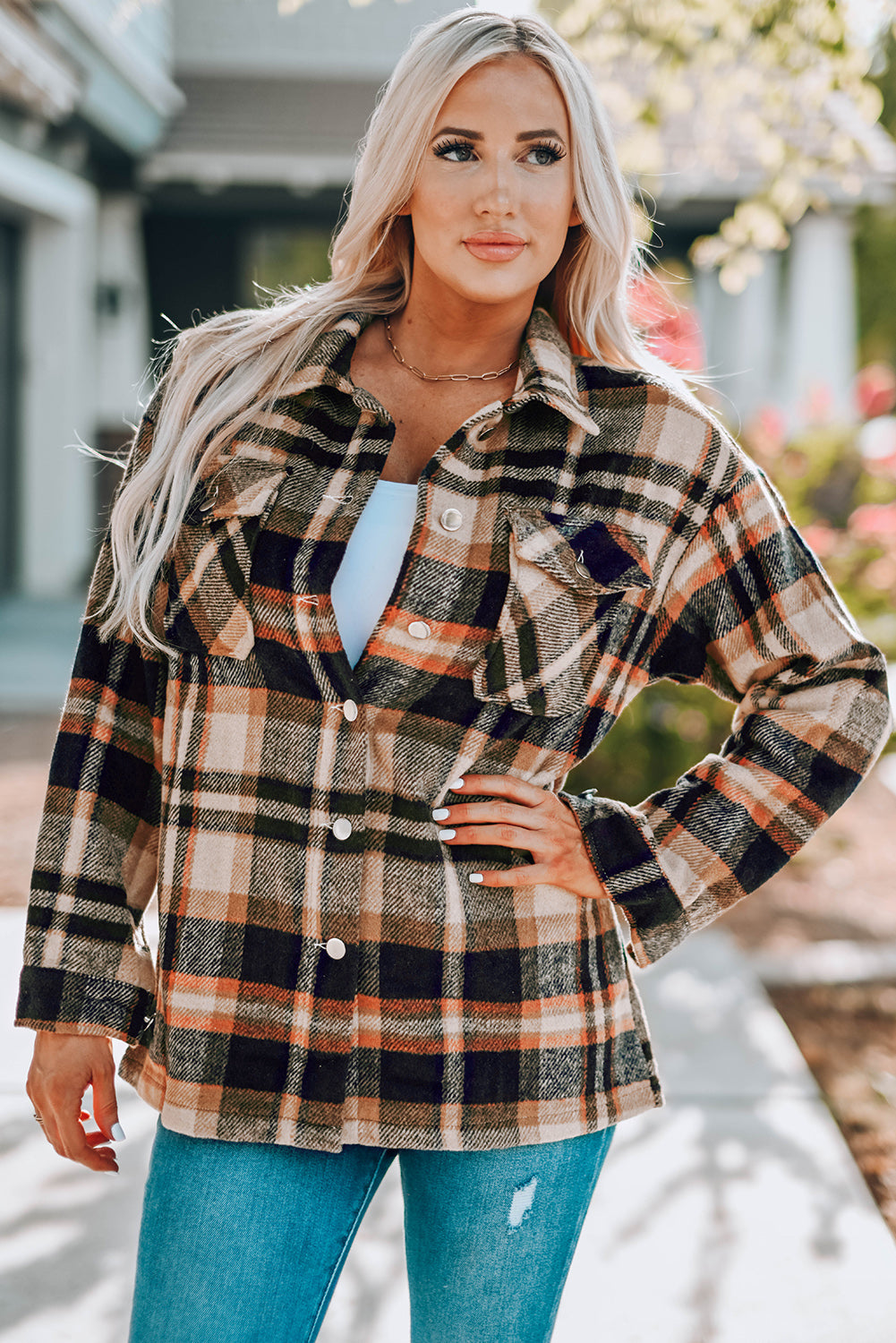 Navy Blue Plus Size Plaid Flap Pocket Shacket