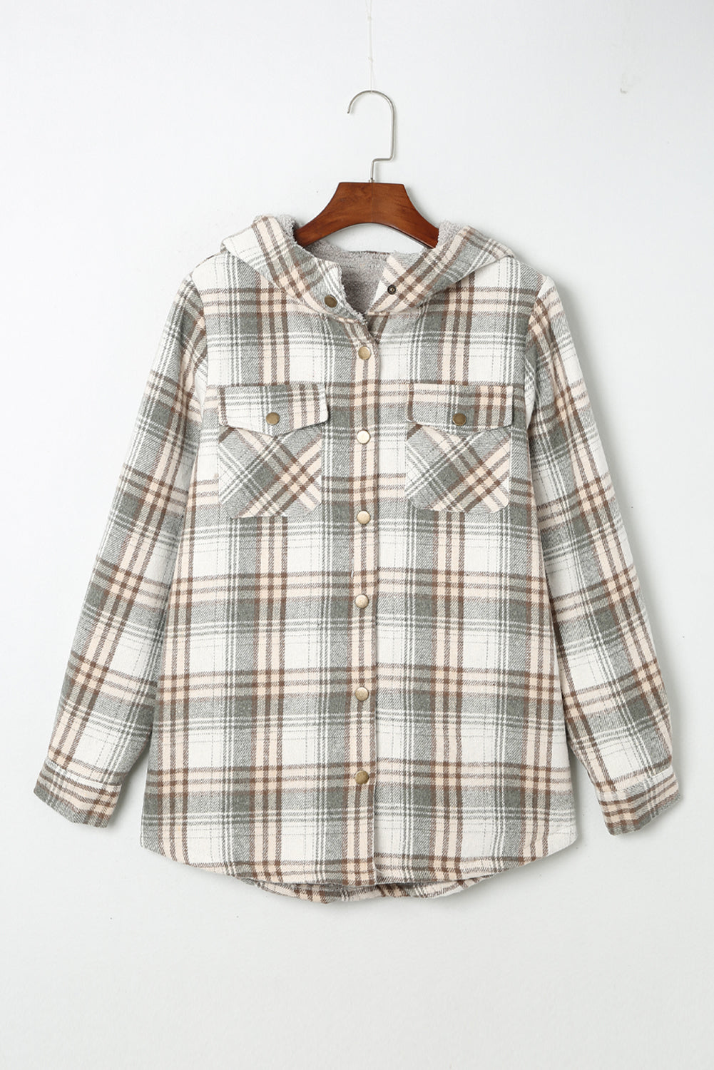 Orange Plaid Pattern Sherpa Lined Hooded Shacket