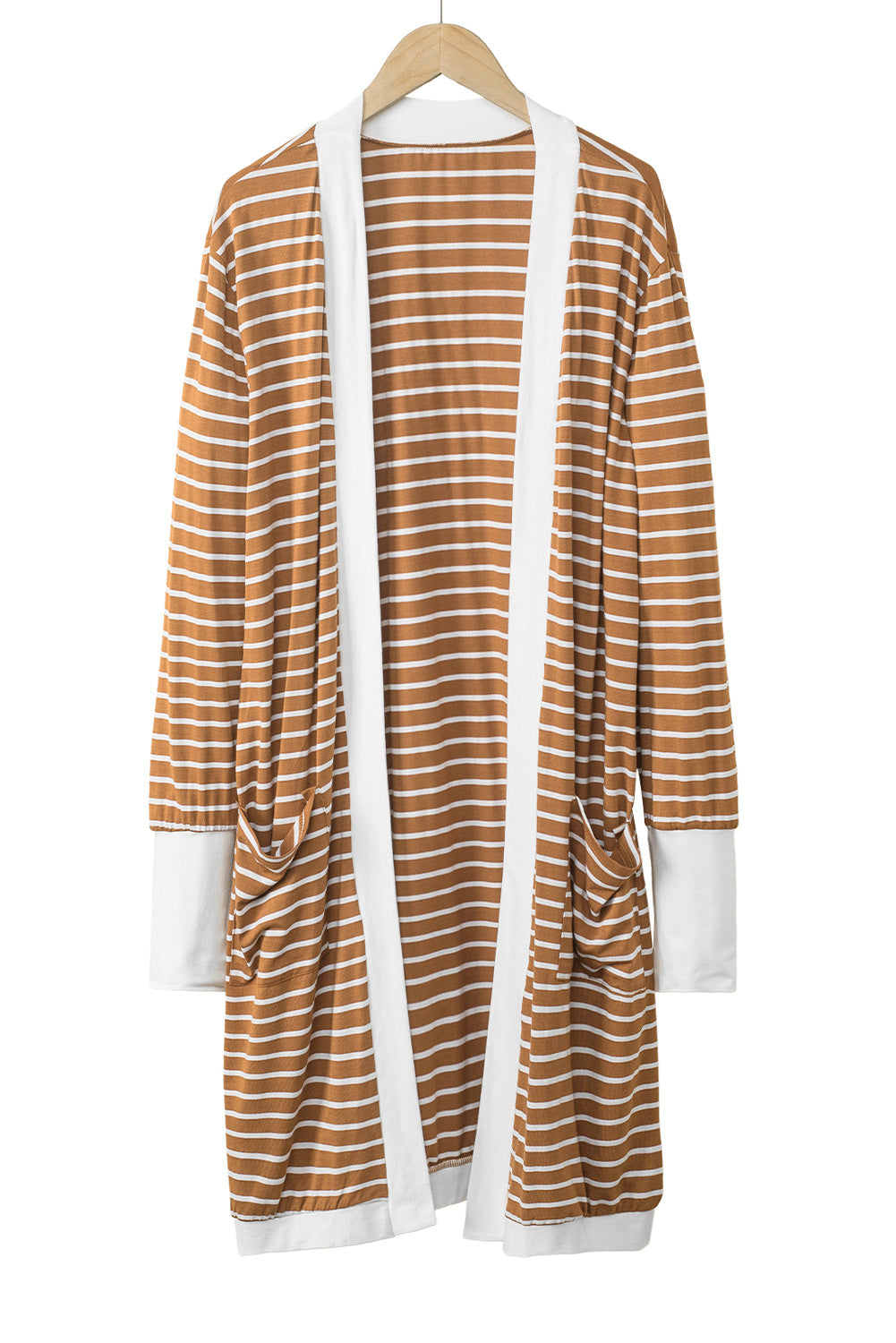 White Striped Side Pockets Open Front Cardigan