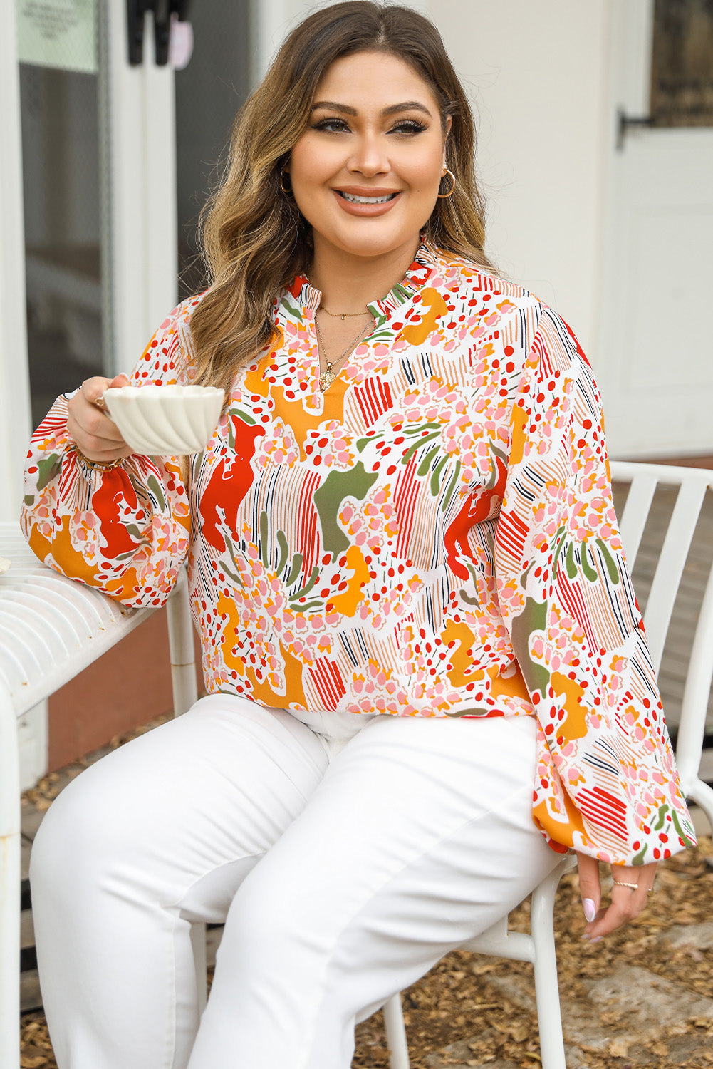 Multicolour Plus Size Mix Floral Puff Sleeve Ruffled Dress