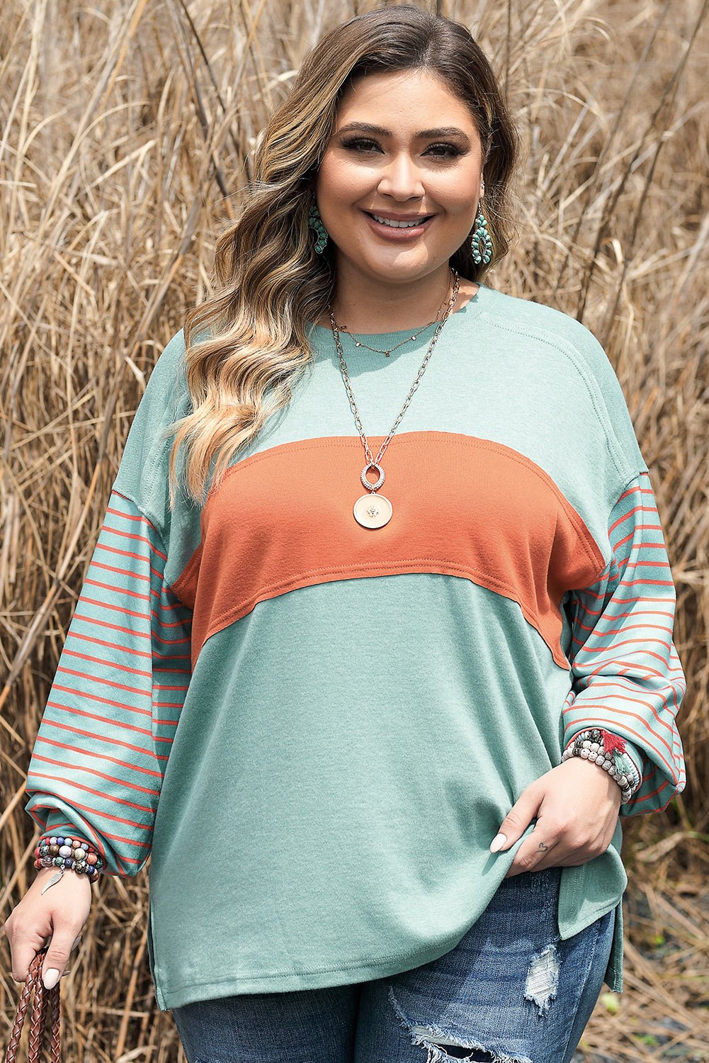 Peach Blossom Colorblock Striped Bishop Sleeve Top