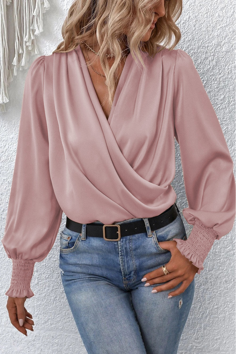 Khaki Solid Surplice Neck Shirred Cuffs Draped Blouse