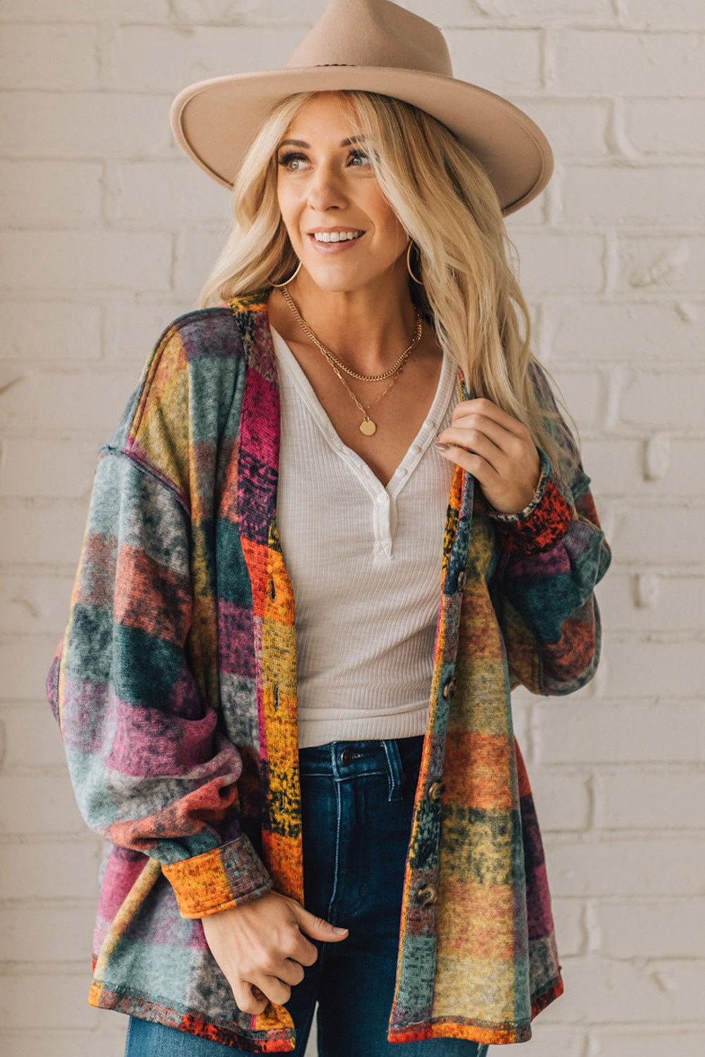 Multicolor Brushed Plaid Buttoned Pullover Oversized Hoodie
