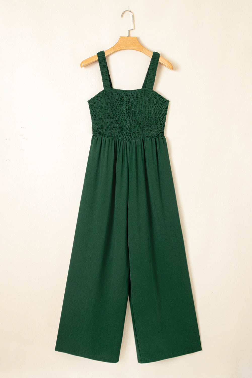 Black Smocked Square Neck Long Sleeve Wide Leg Jumpsuit