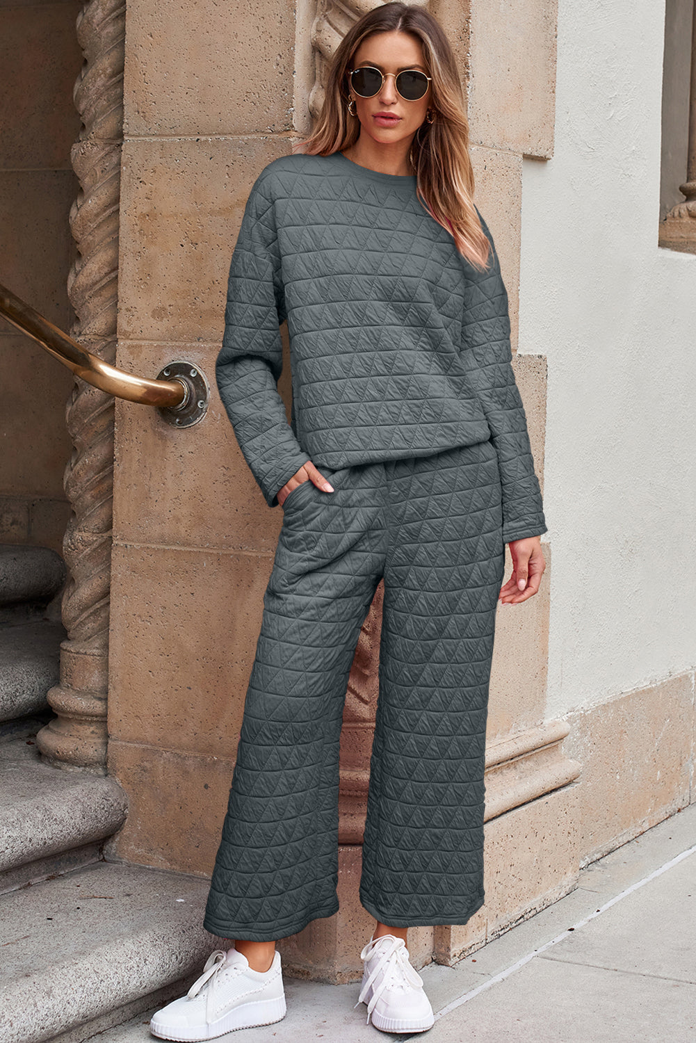 Coffee Solid Color Quilted Kangaroo Pocket Hoodie
