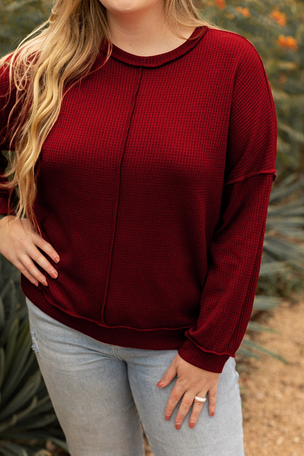 Gold Flame Exposed Seam Detail Waffle Knit Plus Size Top