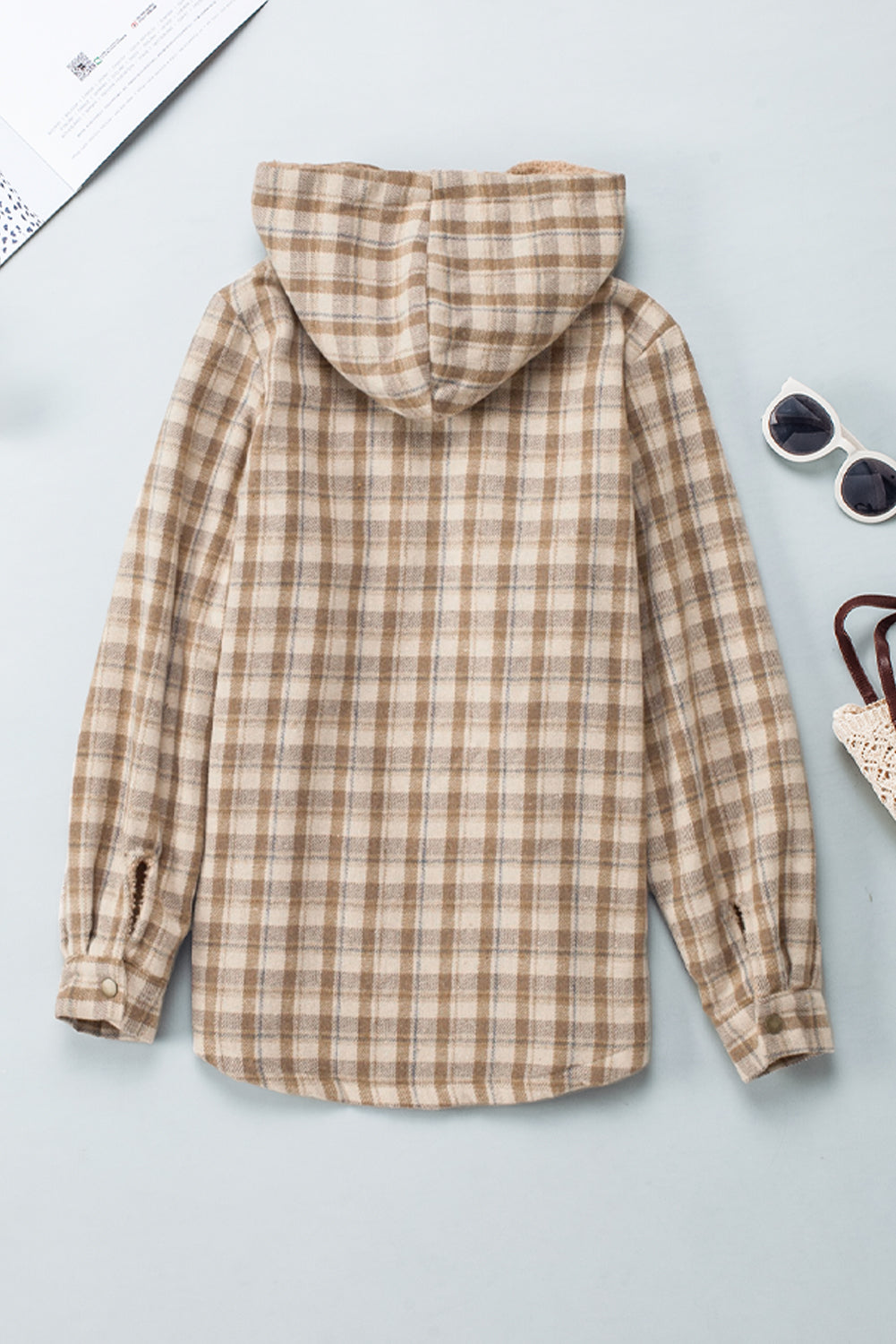 Orange Plaid Pattern Sherpa Lined Hooded Shacket