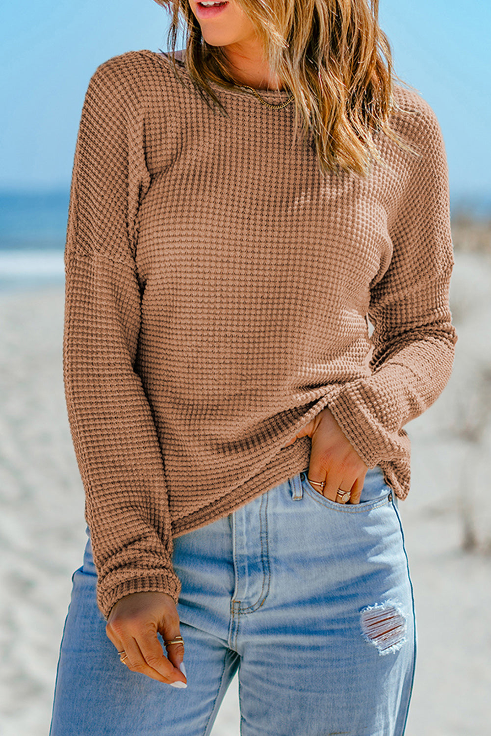 Fiery Red Waffle Knit Drop Shoulder Long Sleeve Top