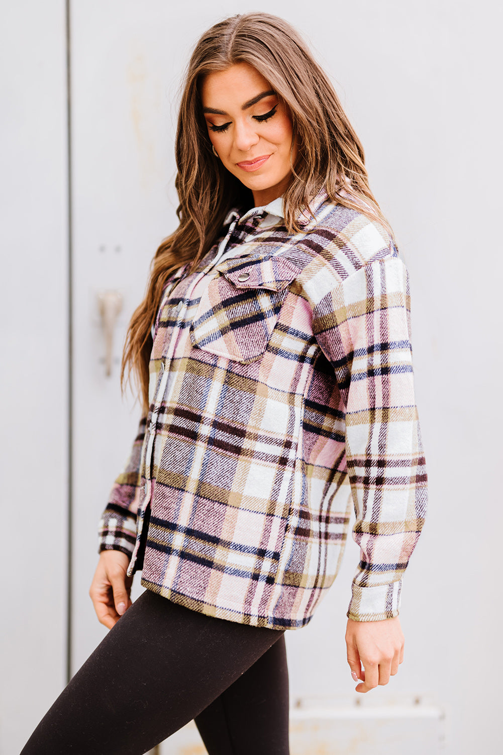 Navy Blue Plus Size Plaid Flap Pocket Shacket
