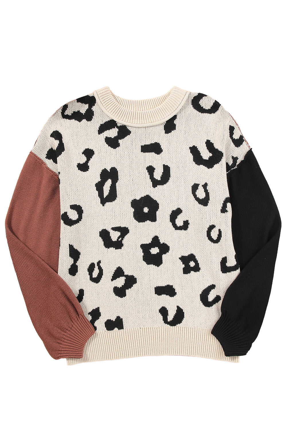Coffee Colorblock Bishop Sleeve Ribbed Trim Sweater