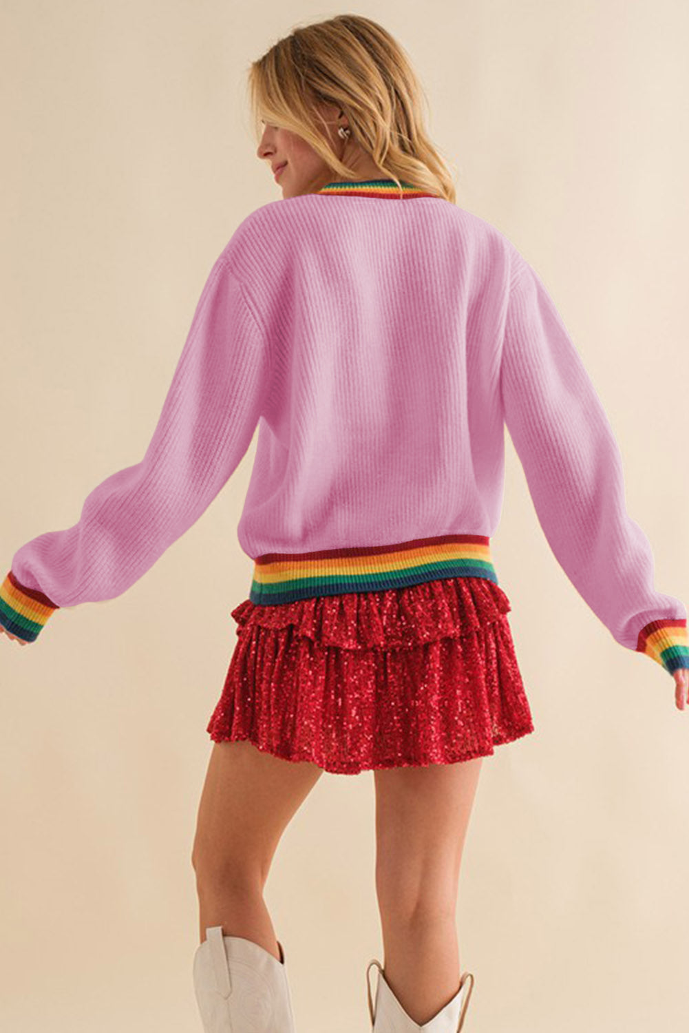 White Merry & Bright Colorful Stripes Trim Sweater