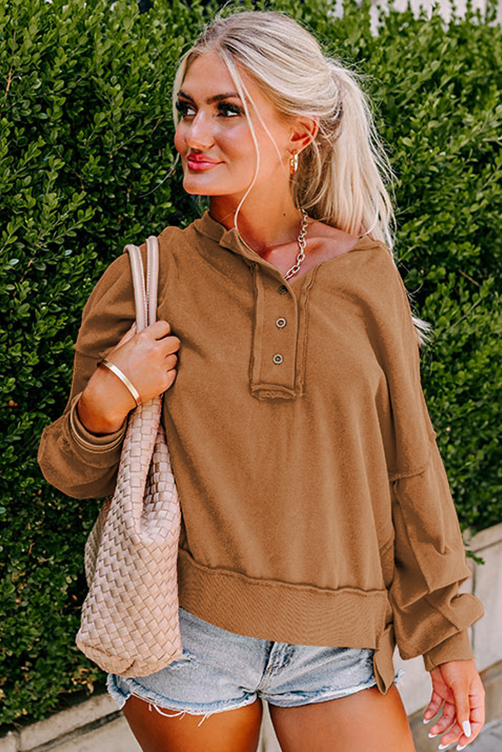 Black Drop Shoulder Henley Buttons Sweatshirt