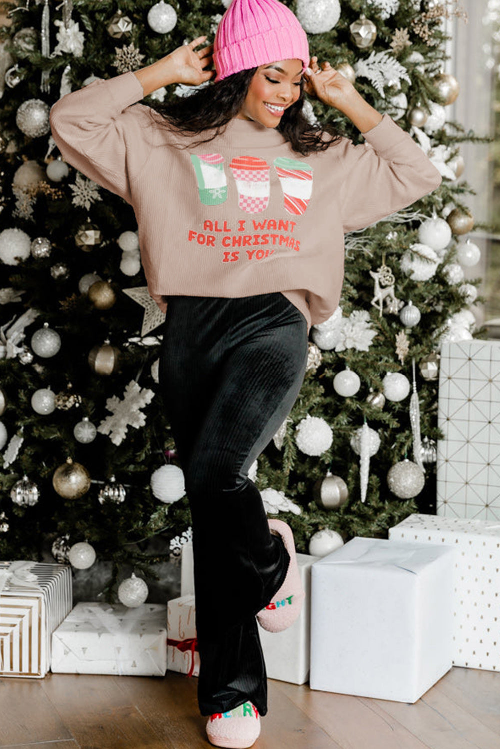 Strawberry Pink IN MY MERRY ERA Loose Fit Corded Sweatshirt