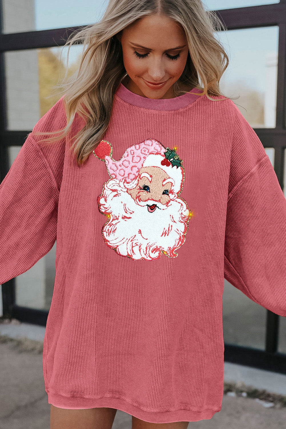 Strawberry Pink IN MY MERRY ERA Loose Fit Corded Sweatshirt