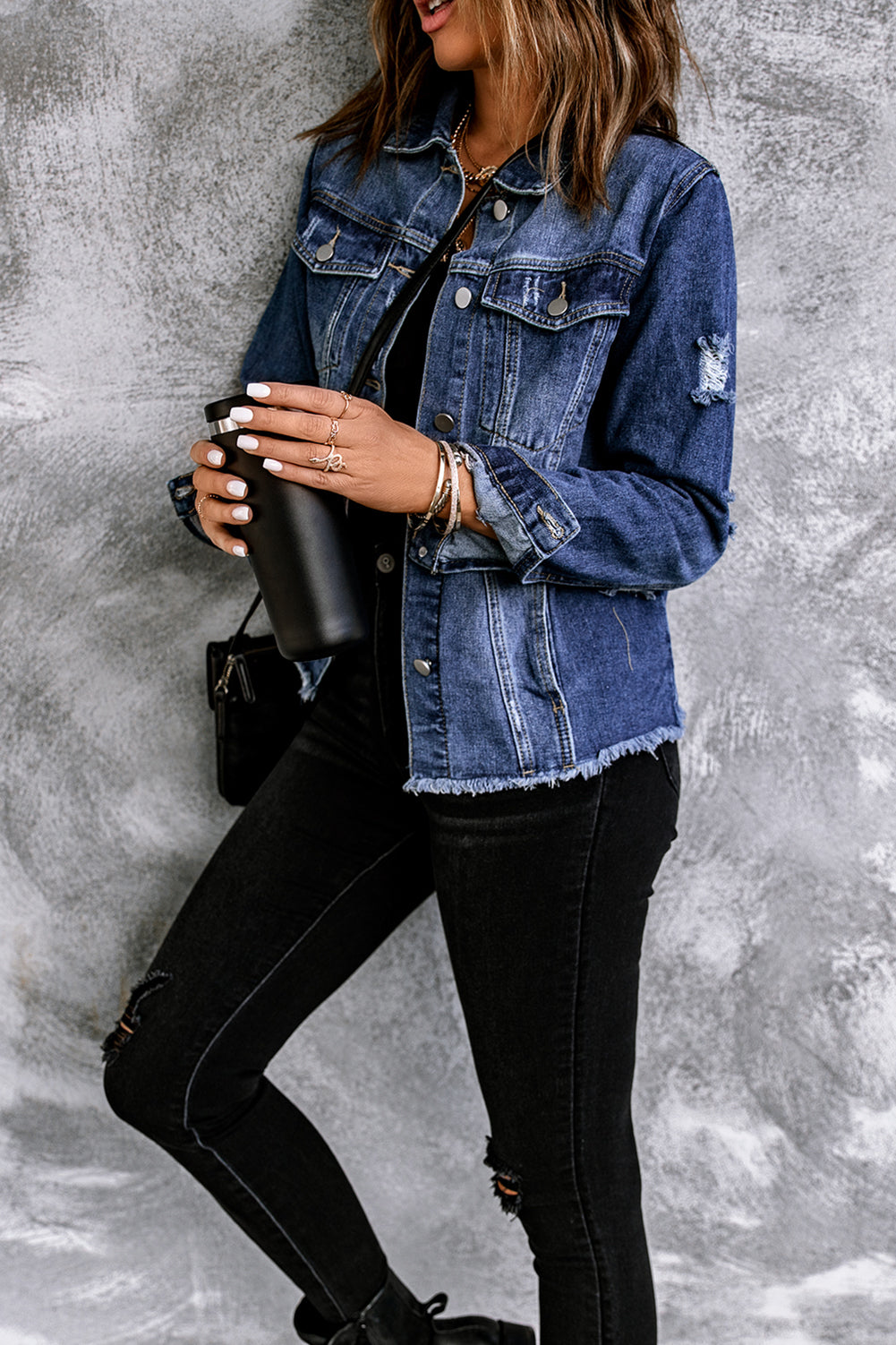 Dark Blue Plus Size Distressed Flap Pocket Denim Jacket