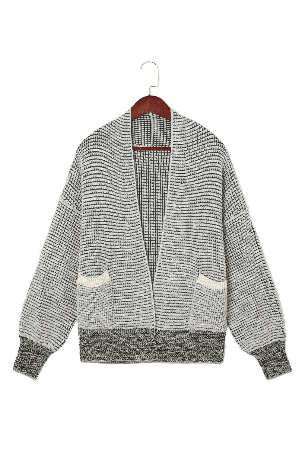 Gray Plaid Knitted Long Open Front Cardigan