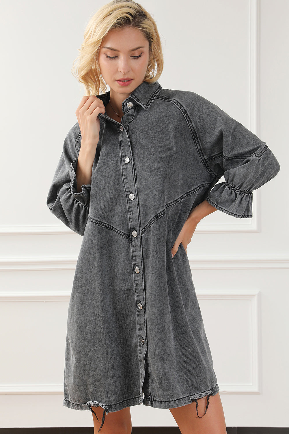 Gray Sequin Nutcracker Graphic Long Sleeve Shirt Denim Dress
