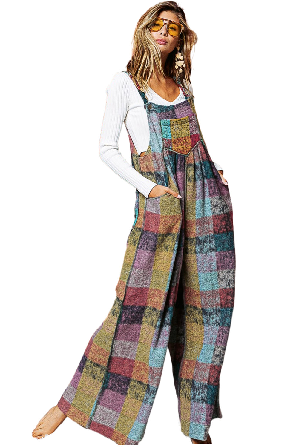 Multicolor Brushed Plaid Buttoned Pullover Oversized Hoodie