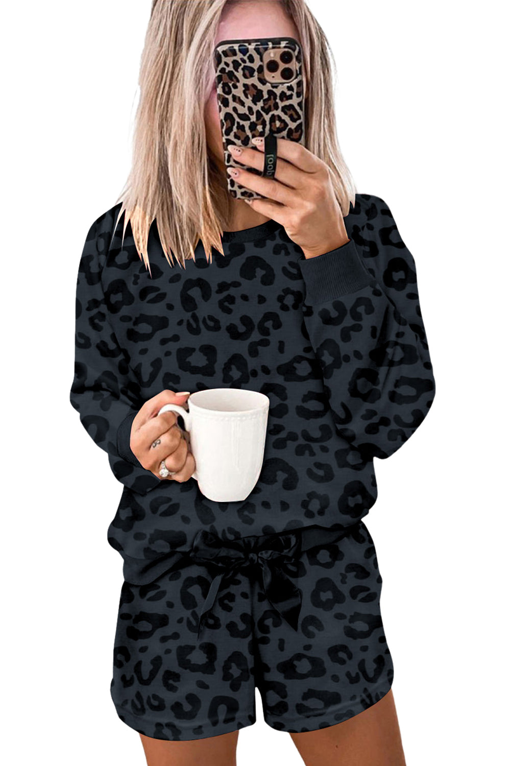 Leopard Print Zipped Split Neck Drawstring Pants Set