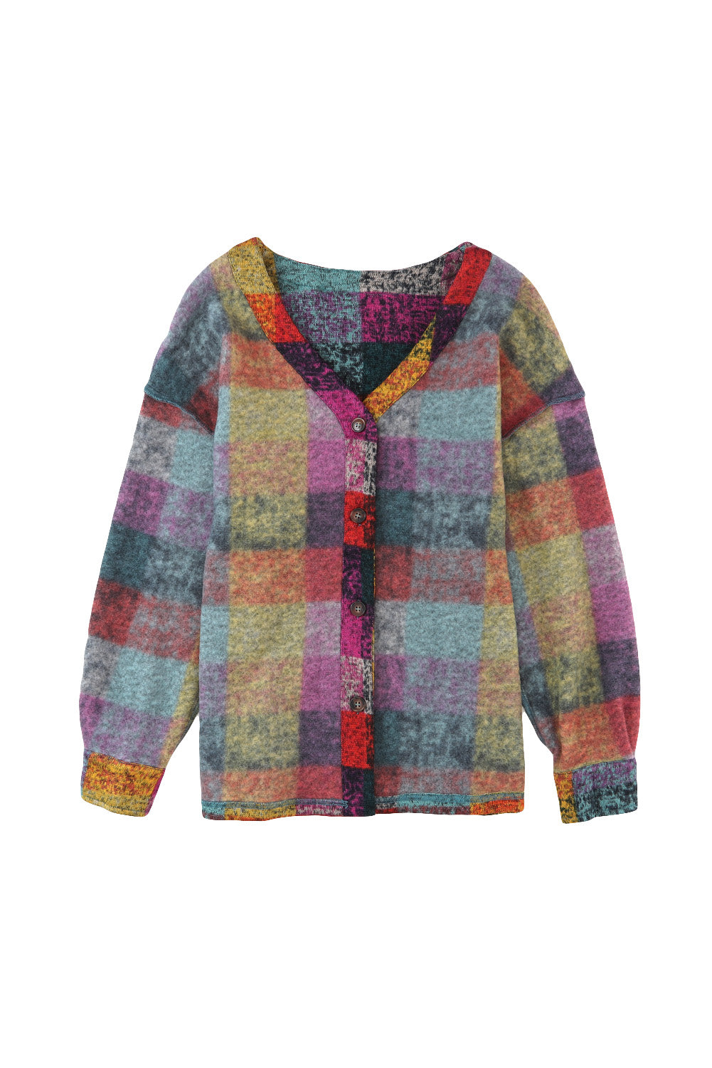 Multicolor Brushed Plaid Buttoned Pullover Oversized Hoodie