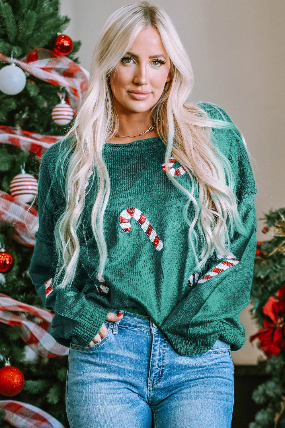 Fiery Red Sequined Christmas Tree Raglan Sleeve Sweatshirt