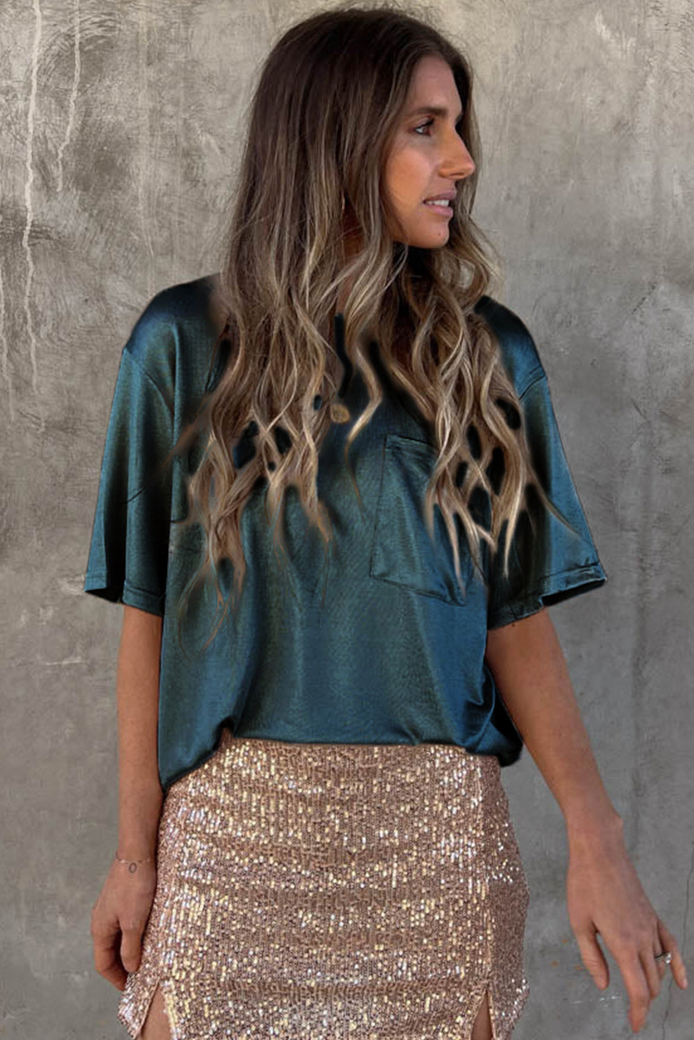 Apricot Glitter Chest Pocket Round Neck Long Sleeve Top